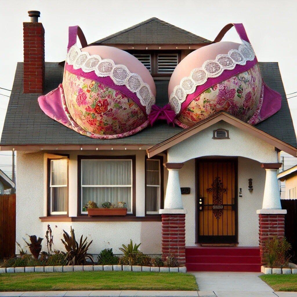 DALL·E 2024-08-01 17.46.59 - A house with an unusual feature_ a large bra draped over it, making it appear as if the house has breasts. The house should have two prominent, rounde Large